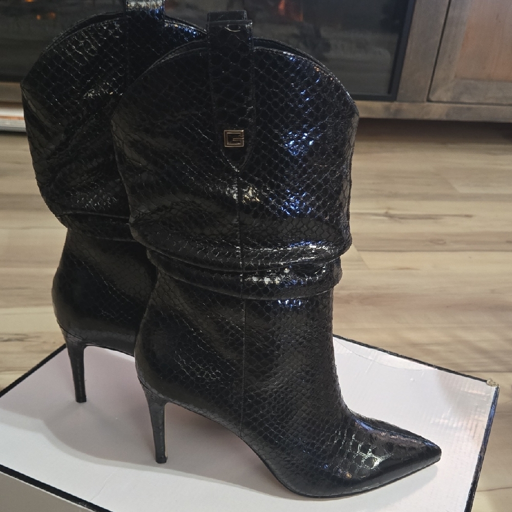 Guess Black Genuine Leather With Shiny Snakeskin Heeled Boots